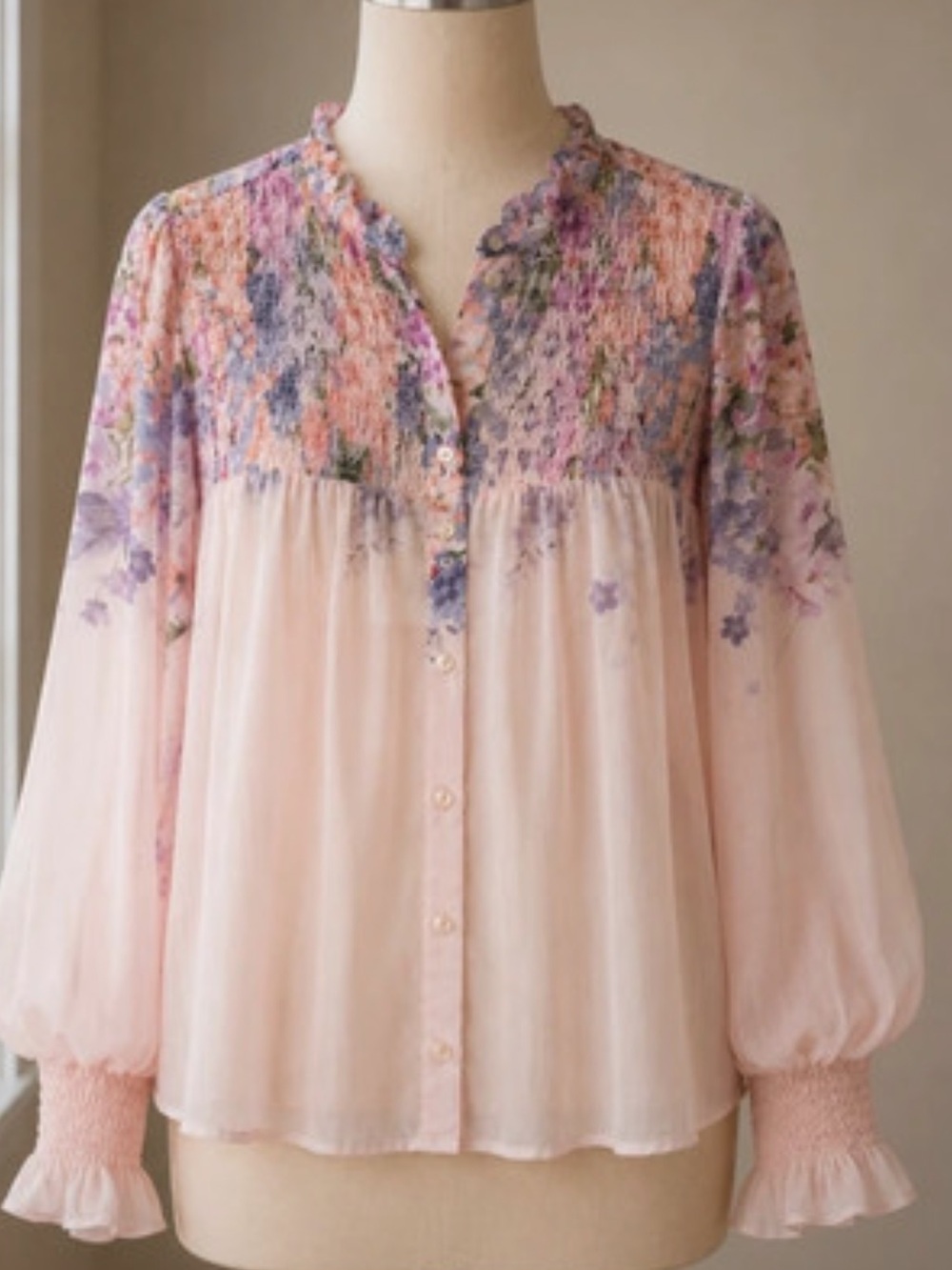 Delicate Pink Floral Smocked Yoke Blouse